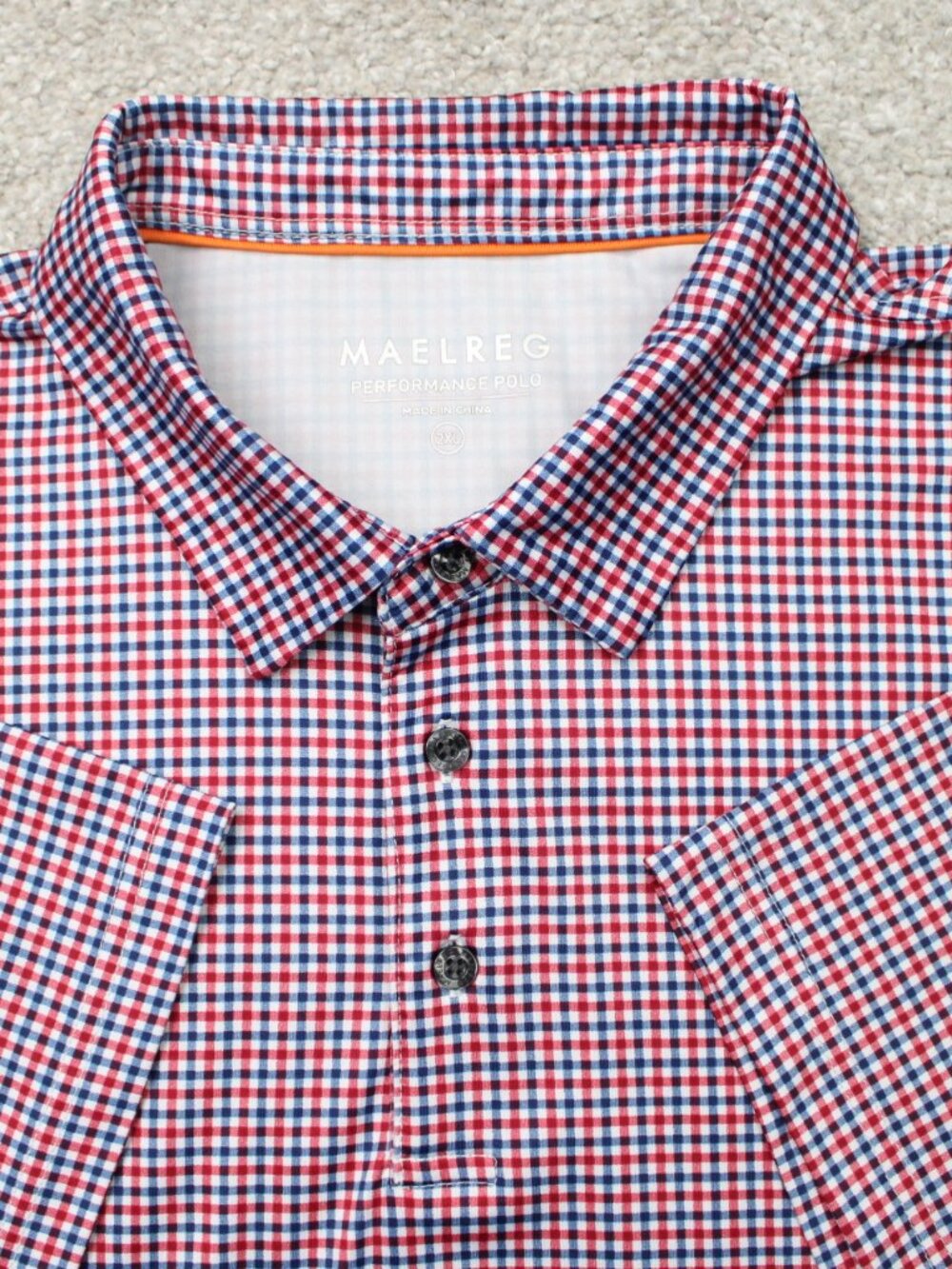 Maelreg Performance Polo Shirt Mens 2XL XXL Red/Blue Checkered Golf Short Sleeve